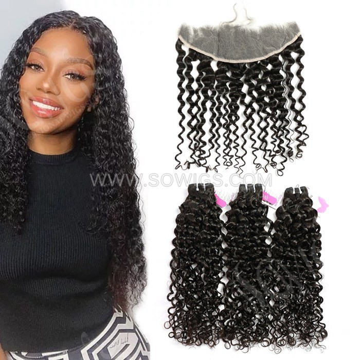 3 Bundles with 13*4 Lace Frontal Italian Curly 100% Unprocessed Virgin Human Hair Extensions Double Weft Sowigs Hair Natural Color