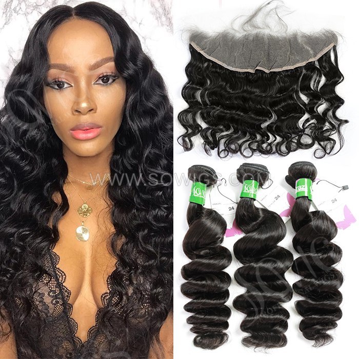 3 Bundles with 13*4 Lace Frontal Loose Wave 100% Unprocessed Virgin Human Hair Extensions Double Weft Sowigs Hair Natural Color