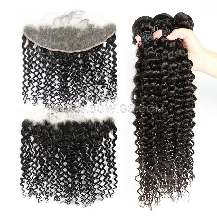 3 Bundles with 13*4 Lace Frontal Deep Curly 100% Unprocessed Virgin Human Hair Extensions Double Weft Sowigs Hair Natural Color