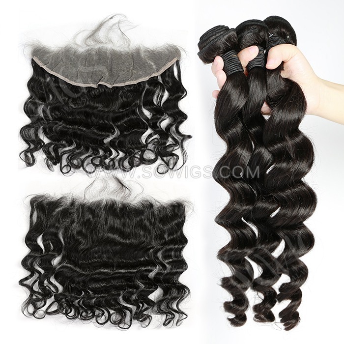 3 Bundles with 13*4 Lace Frontal Loose Wave 100% Unprocessed Virgin Human Hair Extensions Double Weft Sowigs Hair Natural Color