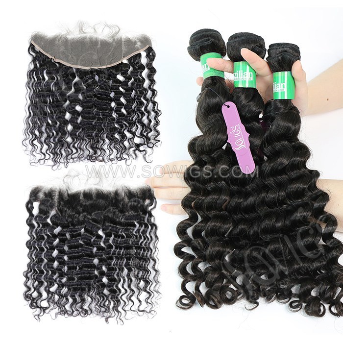 3 Bundles with 13*4 Lace Frontal Deep Wave 100% Unprocessed Virgin Human Hair Extensions Double Weft Sowigs Hair Natural Color