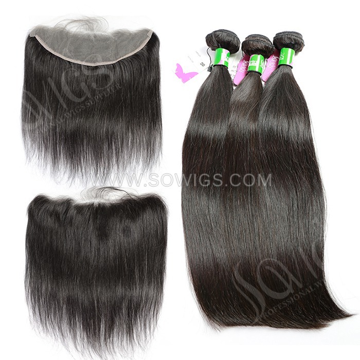 3 Bundles with 13*4 Frontal Straight 100% Unprocessed Virgin Human Hair Extensions Double Weft Sowigs Hair Natural Color