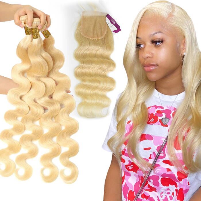 #613 Color 3 Bundles with 4*4 Lace Closure Body Wave 100% Unprocessed Virgin Human Hair Extensions Double Weft Sowigs Hair