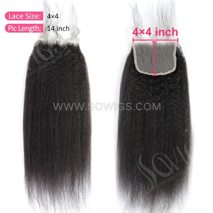 4*4 Lace Closure Kinky Straight Hairline Pre plucked Knots Lightly Bleached 100% Unprocessed Human Hair