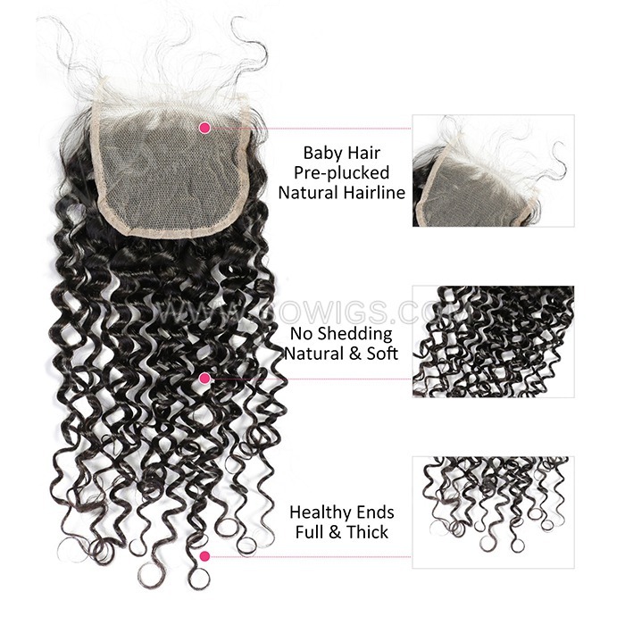 4*4 Lace Closure Deep Curly Hairline Pre plucked Knots Lightly Bleached 100% Unprocessed Human Hair