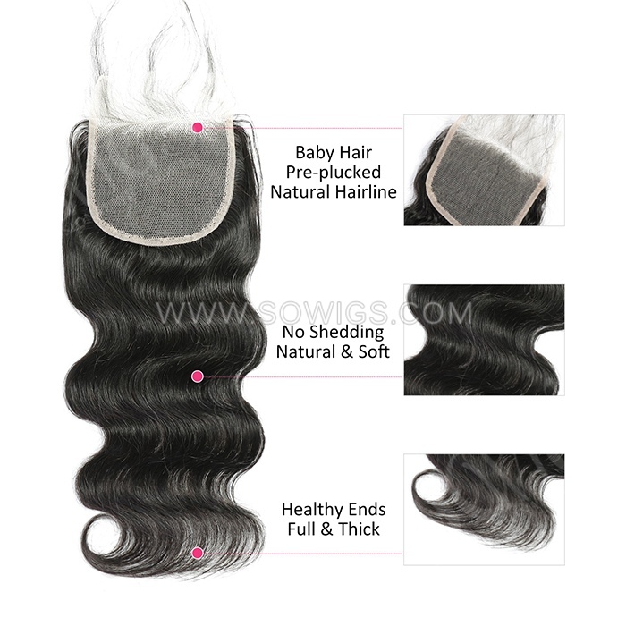 4*4 Lace Closure Body Wave Hairline Pre plucked Knots Lightly Bleached 100% Unprocessed Human Hair