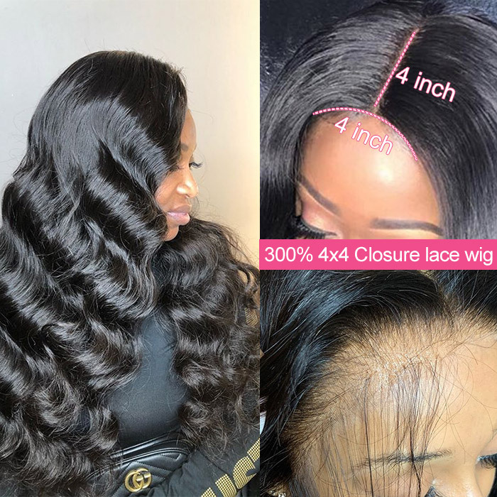 4*4 Lace Closure Closure Wigs 300% Density Pre Plucked  30-38 inch 100% Unprocessed Human Hair Natural Color