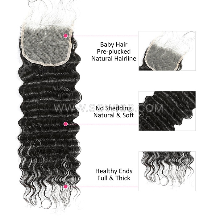 4*4 Lace Closure Deep Wave Hairline Pre plucked Knots Lightly Bleached 100% Unprocessed Human Hair