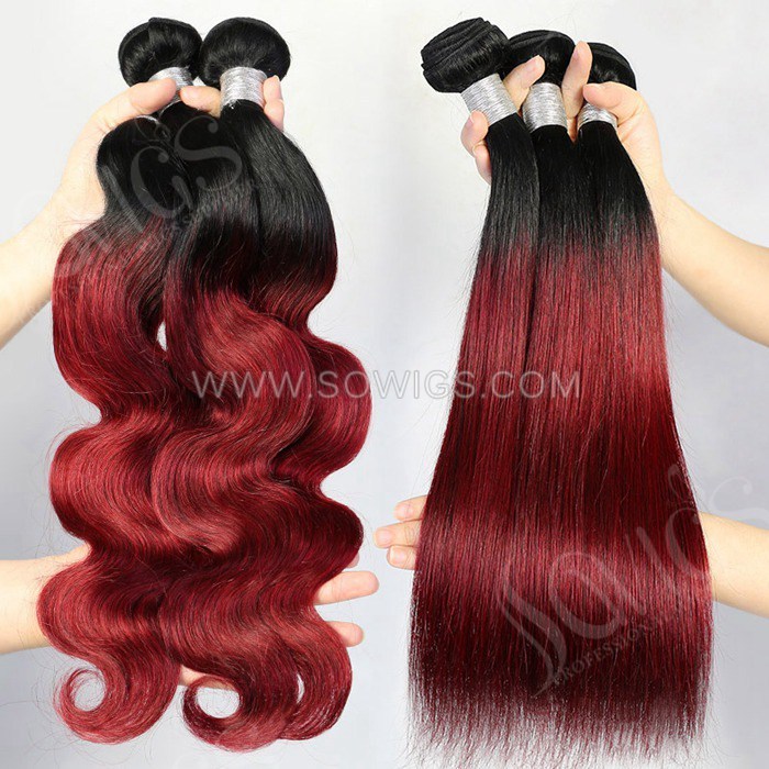 1 Bundle T1B/Burgundy Ombre Color Straight 100% Unprocessed Virgin Human Hair Extensions Double Weft Sowigs Hair