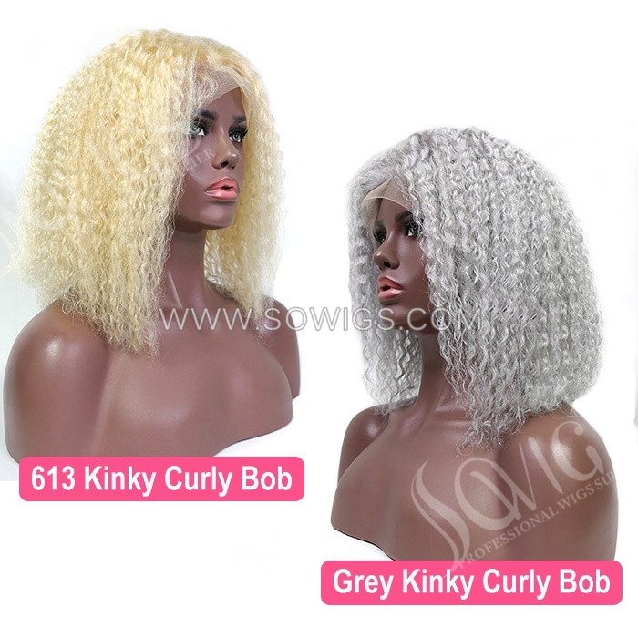 Color Grey 613 Curly Bob Wigs 13*4 Lace Front Wigs 150% Density Virgin Human Hair Natural Hairline