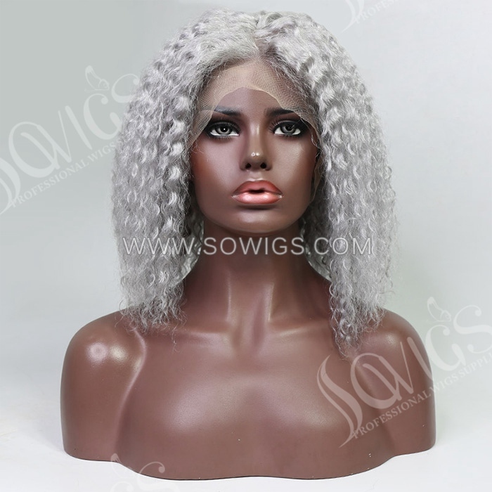 Color Grey 613 Curly Bob Wigs 13*4 Lace Front Wigs 150% Density Virgin Human Hair Natural Hairline