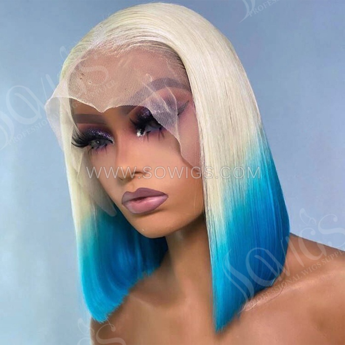 Ombre 613 Blue Color Straight Hair Bob Wigs 13*4 Lace Front Wigs 150% Density Virgin Human Hair Natural Hairline