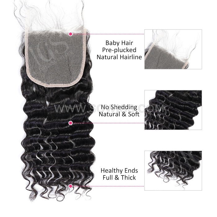 5*5 Lace Closure Deep Wave Hairline Pre plucked Knots Lightly Bleached 100% Unprocessed Human Hair