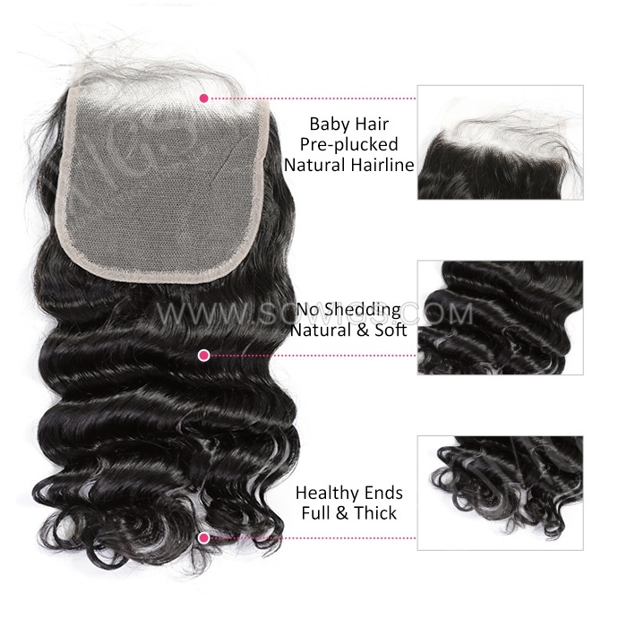 5*5 Lace Closure Loose Wave Hairline Pre plucked Knots Lightly Bleached 100% Unprocessed Human Hair