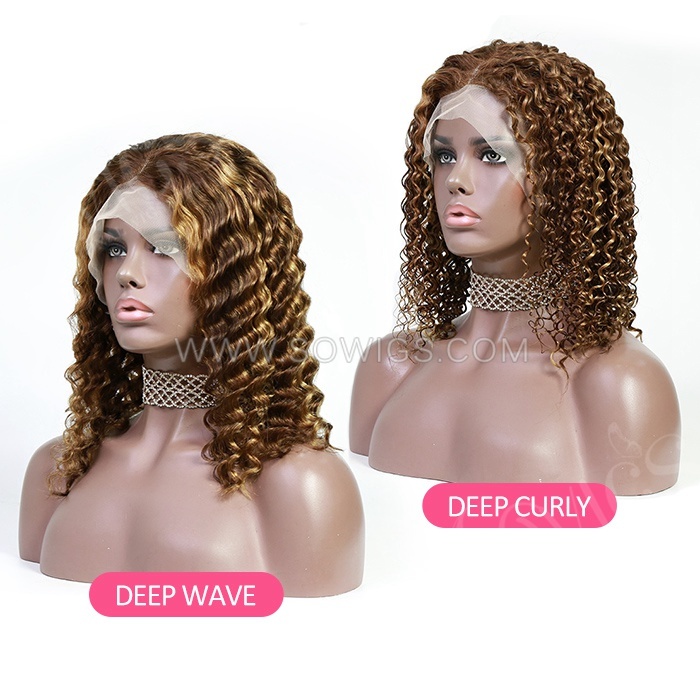 Hightlighed Wigs P4/27 Deep Wave Curly Hair Bob Wigs 13*4 Lace Front Wigs 180% Density Virgin Human Hair Natural Hairline