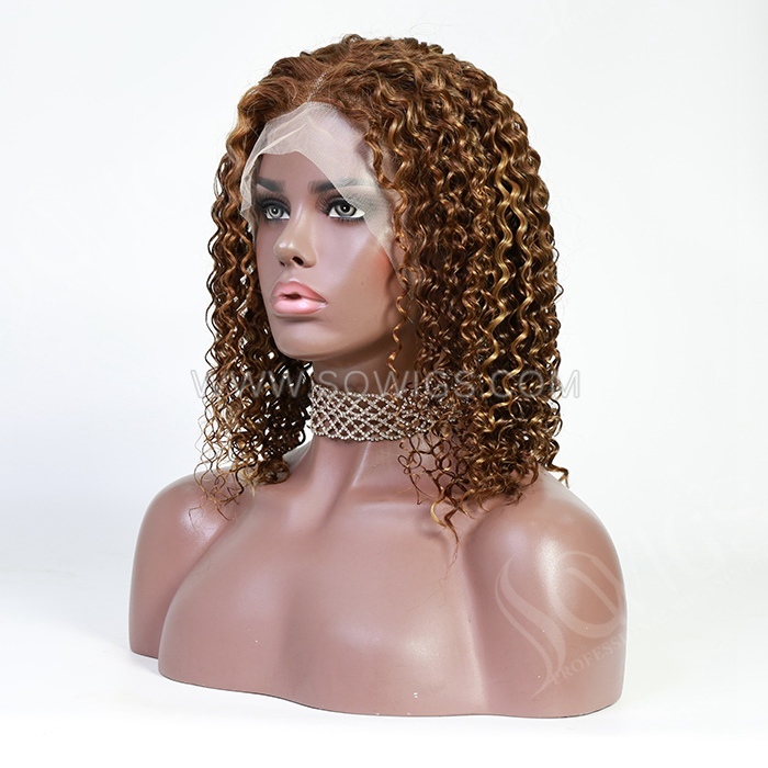 Hightlighed Wigs P4/27 Deep Wave Curly Hair Bob Wigs 13*4 Lace Front Wigs 180% Density Virgin Human Hair Natural Hairline