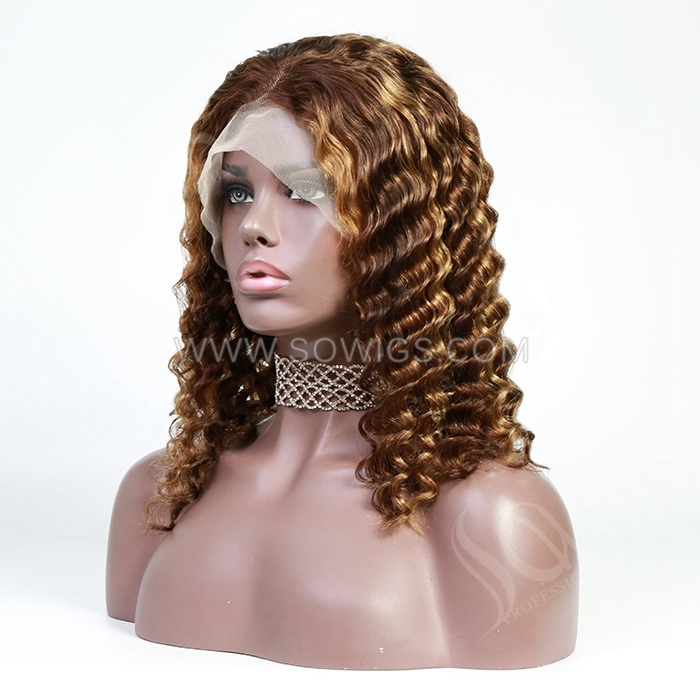 Hightlighed Wigs P4/27 Deep Wave Curly Hair Bob Wigs 13*4 Lace Front Wigs 180% Density Virgin Human Hair Natural Hairline