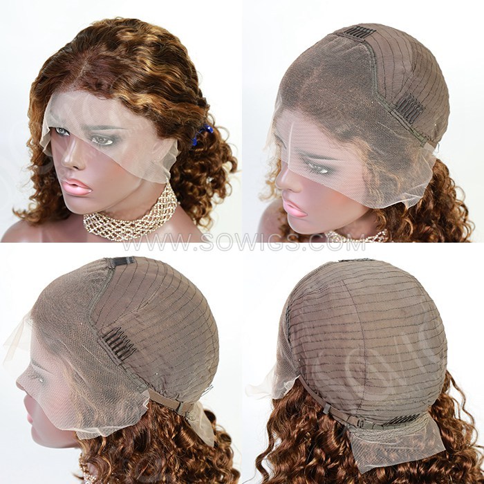 Hightlighed Wigs P4/27 Deep Wave Curly Hair Bob Wigs 13*4 Lace Front Wigs 180% Density Virgin Human Hair Natural Hairline