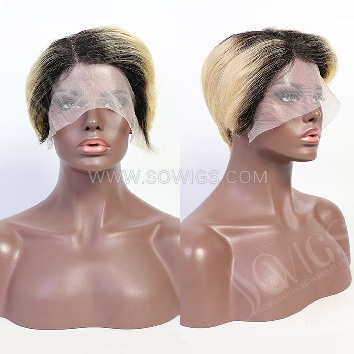 T1b/613 Color Straight Hair Bob Wigs 13*1 Lace Front Wigs 130% Density Virgin Human Hair Natural Hairline