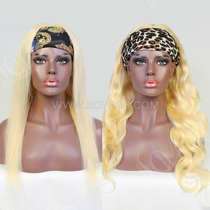 613 Blonde Color Headband Wigs Scarf Wigs 130% Density Virgin Human Hair