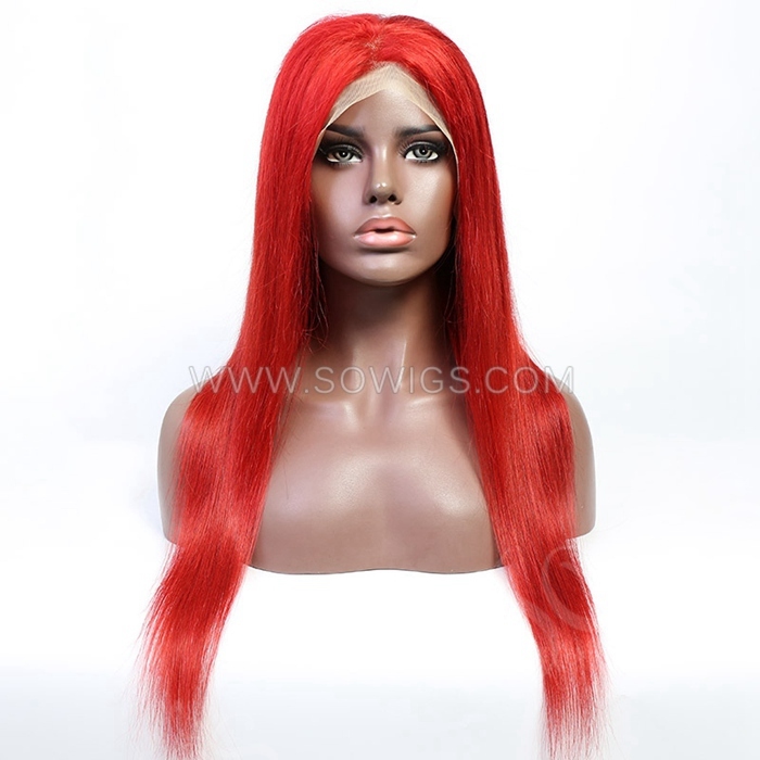 Red Color Straight 13*4 Lace Front Wigs 130% Density Lace Wigs Virgin Human Hair Natural Hairline