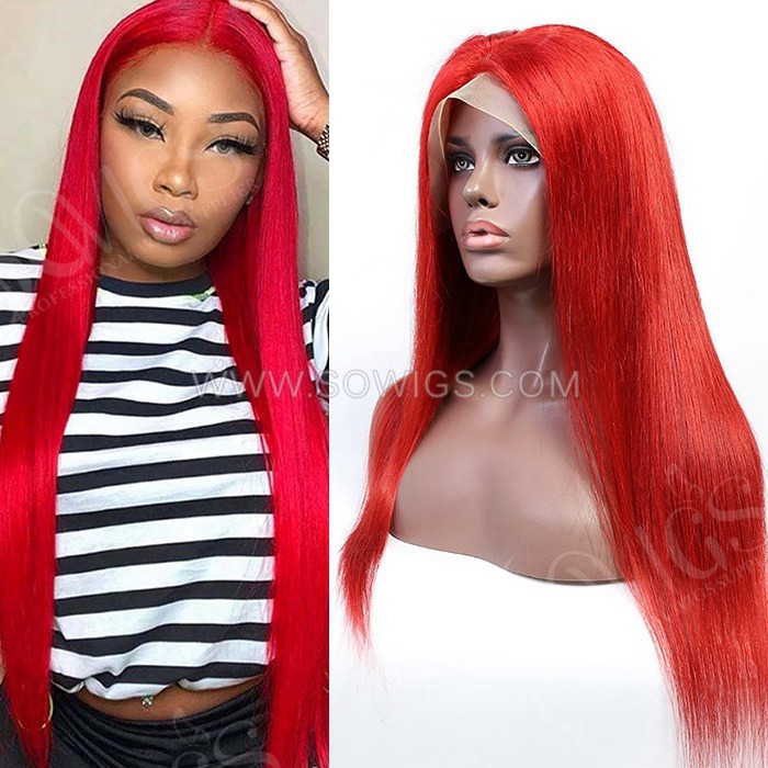 Red Color Straight 13*4 Lace Front Wigs 130% Density Lace Wigs Virgin Human Hair Natural Hairline