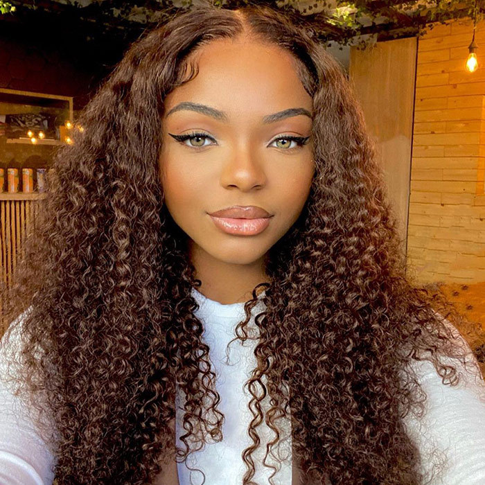 #4 Color Deep Curly 13*4 Lace Front Wigs 130% Density Lace Wigs Virgin Human Hair Natural Hairline