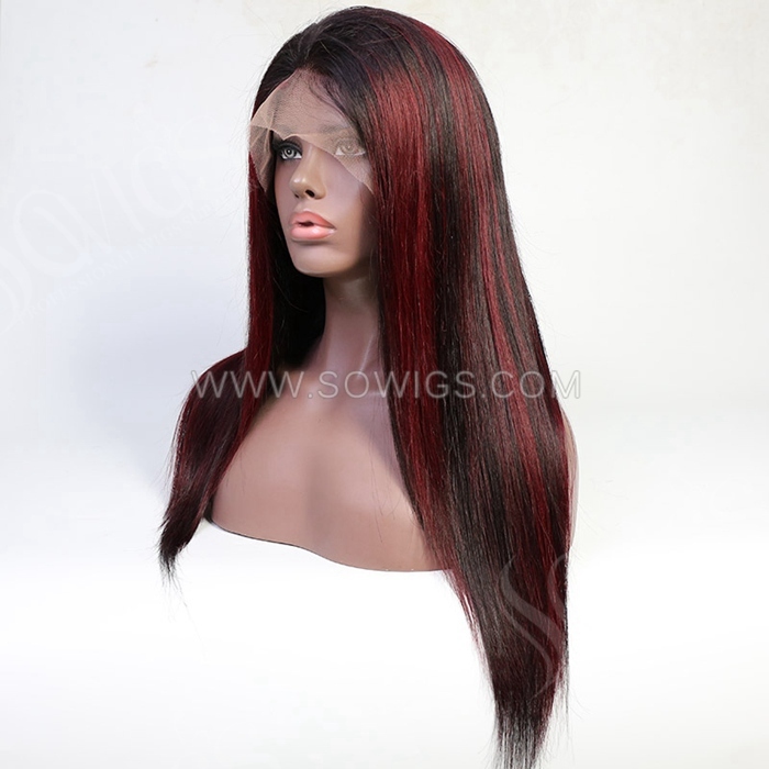 Color /99J Hightlighted Color Straight Hair 13*4 Lace Front Wigs 180% Density Lace Wigs Virgin Human Hair Natural Color Natural Hairline