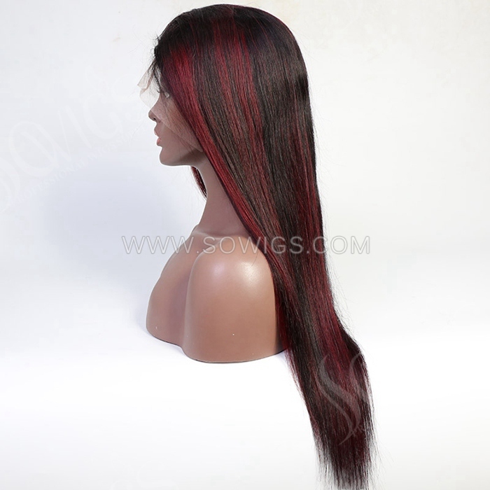 Color /99J Hightlighted Color Straight Hair 13*4 Lace Front Wigs 180% Density Lace Wigs Virgin Human Hair Natural Color Natural Hairline