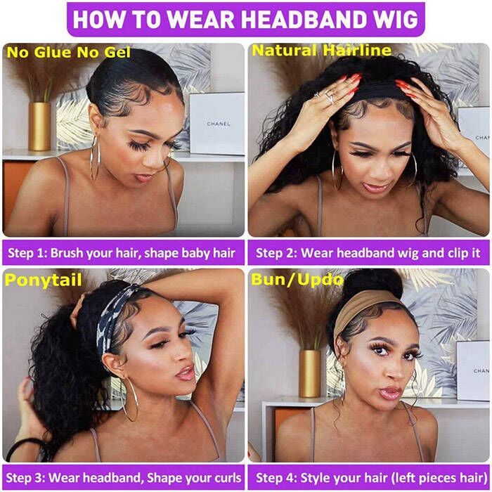 Rhinestone Encrusted Bling Headband Wigs Scarf Wigs 180% Density Virgin Human Hair Natural Color