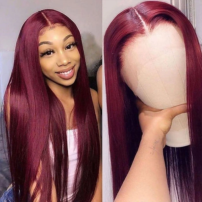 #99J Wine Color Straight 13*4 Lace Front Wigs 130% Density Lace Wigs Virgin Human Hair Natural Hairline