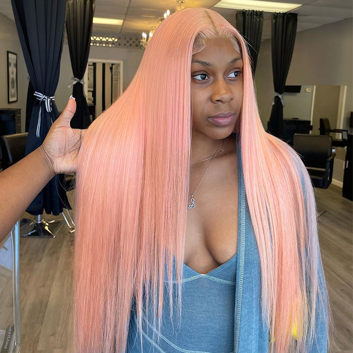 Pink Color Full Lace Wig Straight Hair 130% Density Virgin Human Hair