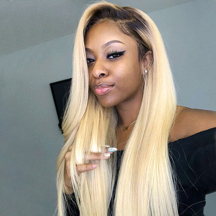 130% Density Lace Front Wig Straight Ombre 1B/613 Color Human Hair