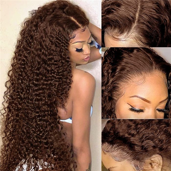 #4 Color 130% Density 13*4 Lace Frontal Wigs Deep Curly Virgin Human Hair