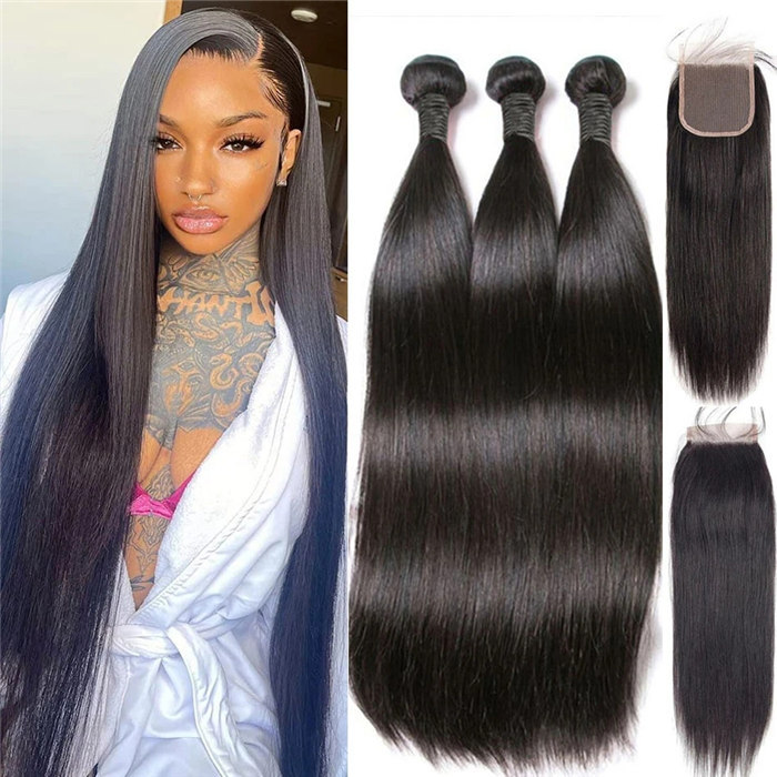 3 Bundles With Closure Straight Hair Virgin Remy Human Hair Bundles Raw Hair Extensions Sowigs 12a Hair Weave