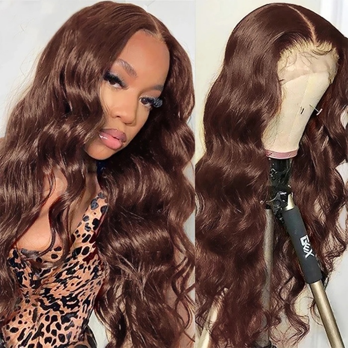 Chocolate Brown 13*4 Lace Front Wigs Body Wave 130% Density Virgin Human Hair Natural Hairline