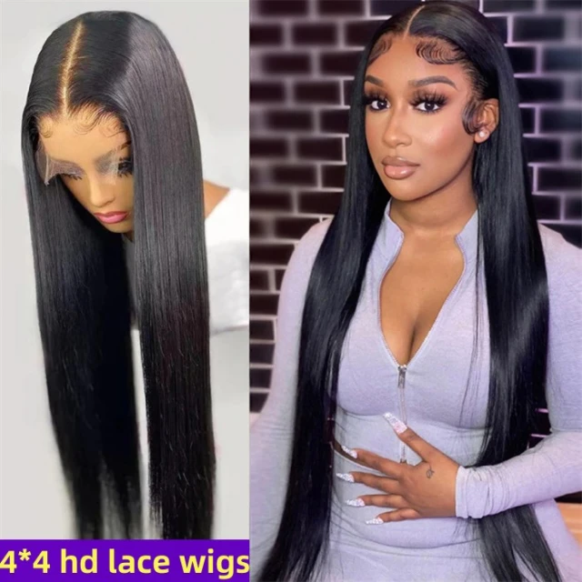 HD 4*4 Lace Closure Wigs 180% Density Pre Plucked Virgin Human Hair Natural Color