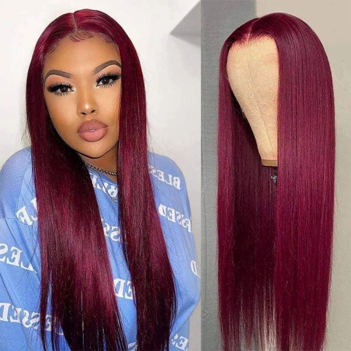 (With Elastic band)Color 99J# 13*4 Lace Front Wigs 150% /180% Density Lace Wigs Virgin Human Hair Natural Hairline