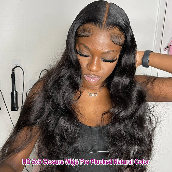 HD 5*5 Lace Closure Wigs 180% Density Pre Plucked Virgin Human Hair Natural Color