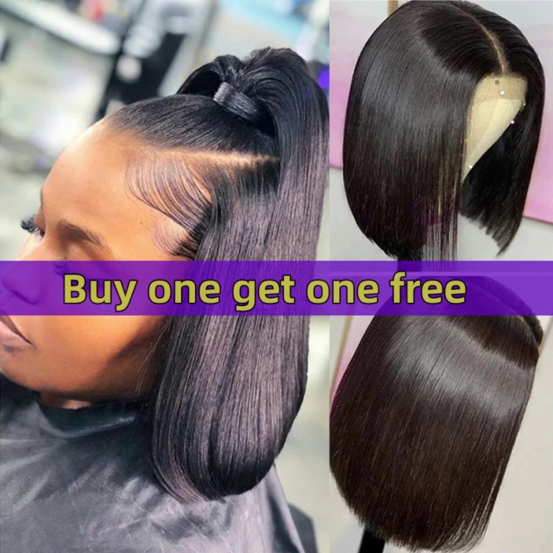 (Bogo buy one get one free) Bob Wigs Straight Hair 13*4 Lace Front Wigs 150% Density Virgin Human Hair Natural Color Natural Hairline