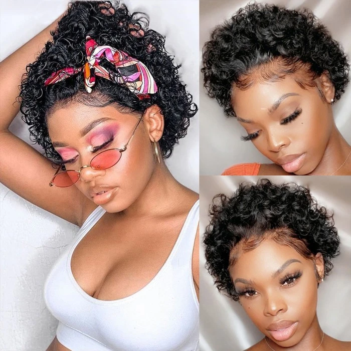 Pixie Curly 13x1 Bob Wigs 130% Density Virgin Human Hair Natural Color Natural Hairline