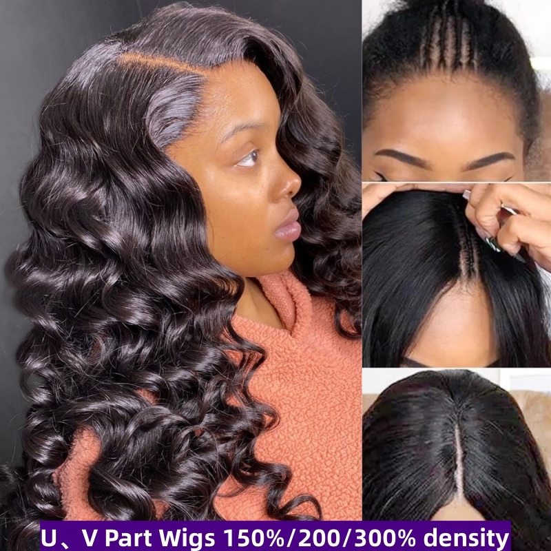 U Part Wigs V Part Wigs 150% /200% 300% Density Loose Wave Virgin Human Hair Natural Color