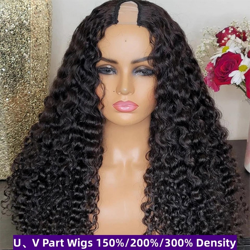 U Part Wigs V Part Wigs 150% /200% /300% Density Water Curls Virgin Human Hair Natural Color