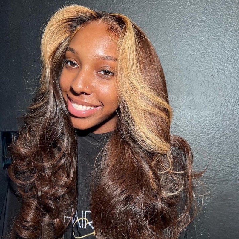 Honey Blonde Highlight Brown Color 13*4 Lace Frontal Wigs 130% /180% Density 100% Unprocessed Virgin Human Hair Wigs