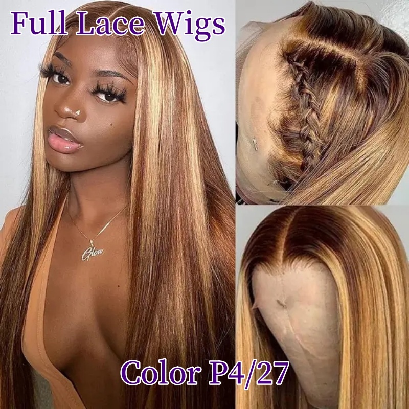 Highlight Color Full Lace Wigs 130% Density Virgin Human Hair Natural Color
