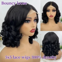 Bouncy Loose 300% Density 5x5 Lace Closure Wigs Glueless Wear Go Lace Wigs Natural Color 100% Unprocessed Human Hair Wigs