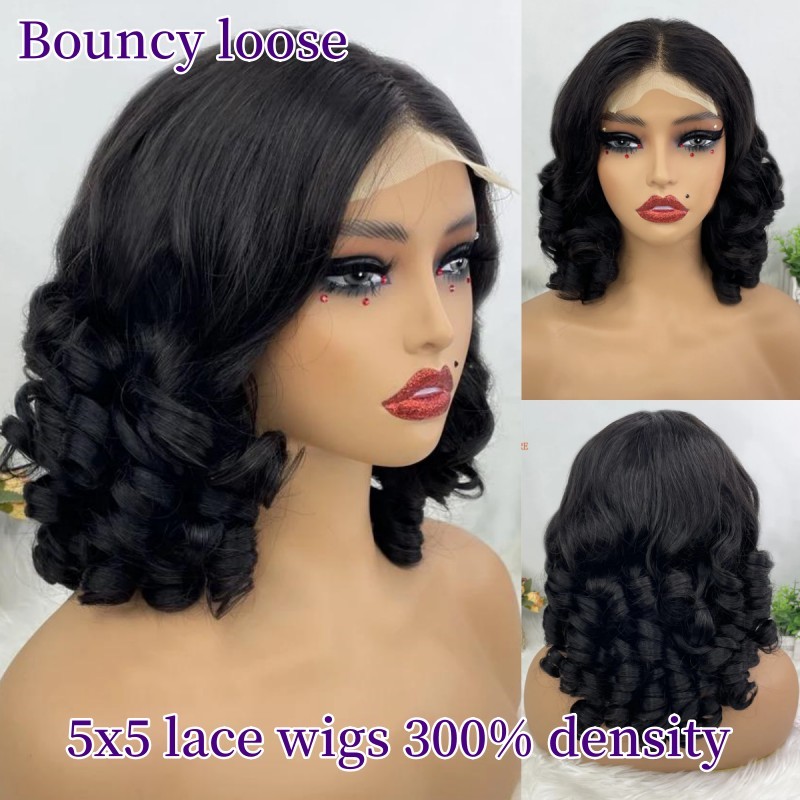 Bouncy Loose 300% Density 5x5 Lace Closure Wigs Glueless Wear Go Lace Wigs Natural Color 100% Unprocessed Human Hair Wigs