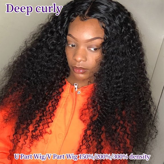 12-40inch U Part Wigs V Part Wigs 150% /200% /300% Density Deep Curly 100% Unprocessed Virgin Human Hair Natural Color