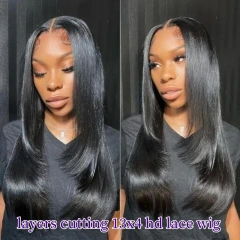 Layers cutting 13x4 Full Frontal HD Lace Wigs Natural Color 100% Virgin Human Hair Wigs