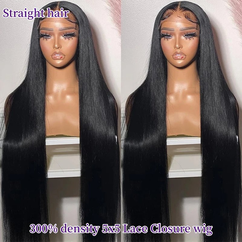 Jet Black Color 1# 5x5 Lace Closure Wigs 300% Density Glueless Wear Go Lace Wigs 100% Virgin Human Hair Wigs